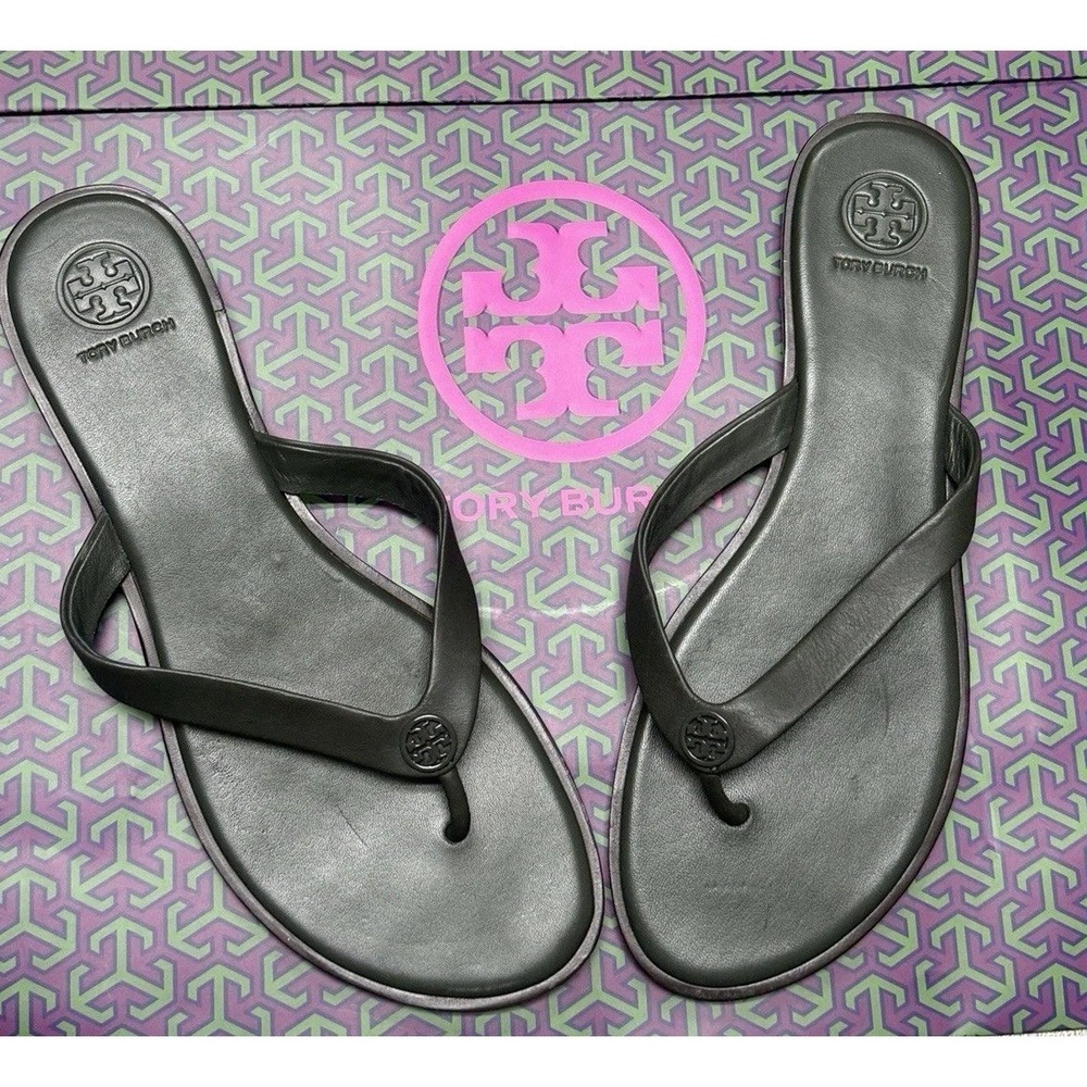 Tory Burch Dark Green Leather Thong Sandals